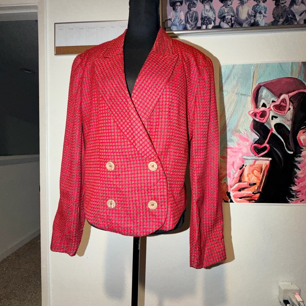 Vintage 80s Escadrille Red Check Cropped Blazer